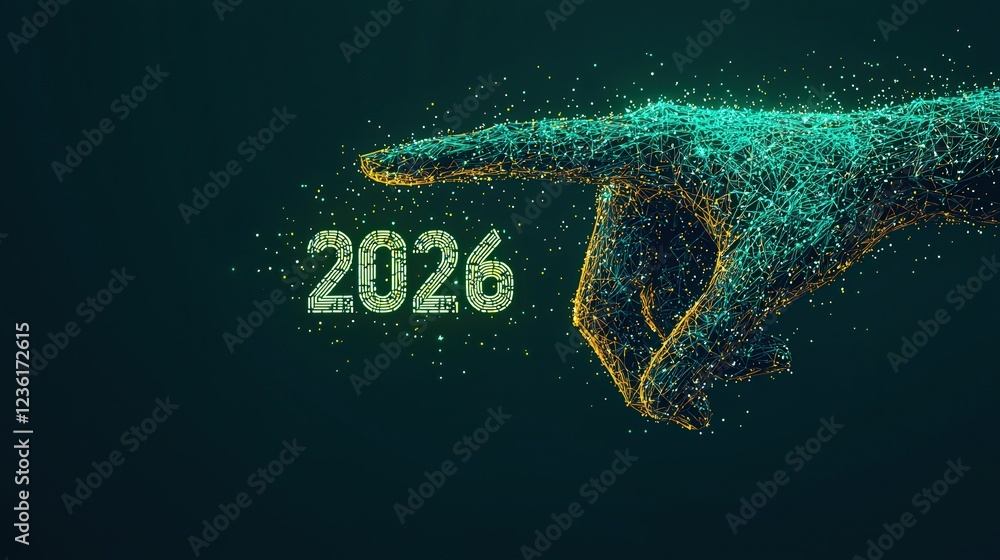 Poster digital hand adjusting holographic elements with glowing particles and futuristic design for creativ