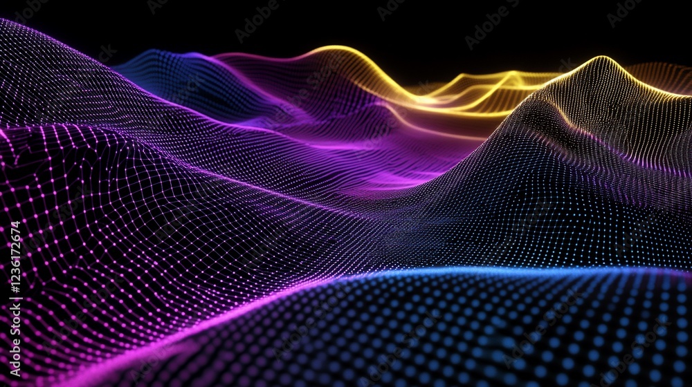 Poster abstract digital landscape with glowing points and lines forming wave-like structures