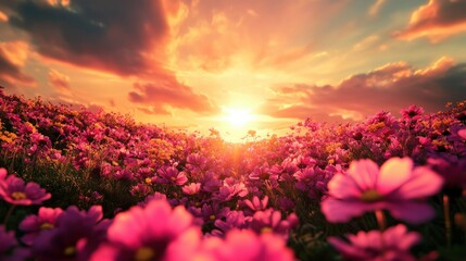 Fototapeta premium Vibrant Flower Field Under Majestic Sunset with Colorful Blooms and Warm Sky