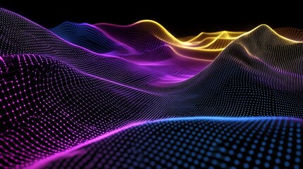 Abstract digital landscape with glowing points and lines forming wave-like structures