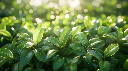 Obraz premium A lush, green landscape of healthy leaves glistening in the sunlight, creating a vibrant atmosphere that evokes a sense of tranquility and nature's beauty.