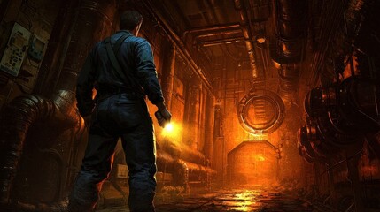 Fototapeta premium Mysterious Industrial Environment with Worker and Flashlight