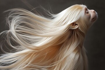 Naklejka premium Blond capuchin monkey with long, flowing hair dancing in the wind against a dark background, showcasing elegance and wild beauty
