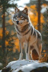 Obraz premium Majestic Gray Wolf Stands in Snowy Autumn Forest
