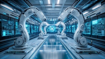Futuristic Robotic Automation Factory with Digital Control Panels