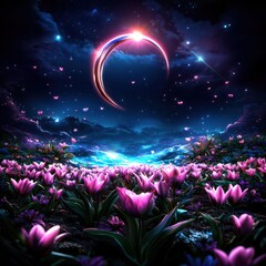Stunning night landscape with vibrant flowers under a glowing celestial scene.