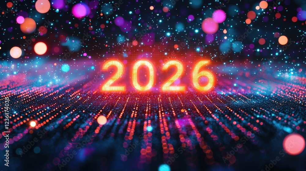 Poster futuristic digital background with holographic effect and glowing 2026 text in a technology-inspired