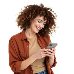 Happy Business Woman Holding Smartphone – Smiling Female with Curly Hair Using Mobile Phone, Social Media, Digital Communication, Isolated on Transparent Background, No Background