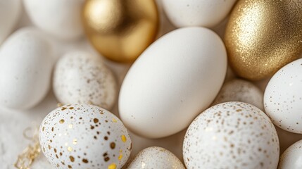 Eggs, white and gold decorative eggs arranged for Easter celebration or spring festival, featuring unique patterns and textures for craft projects or table decor.