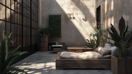 Serene Industrial Courtyard Oasis Sun-Drenched Relaxation Space