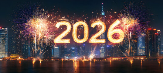 Fireworks display with the numbers "2026" in bold letters against an urban skyline at night, creating a festive atmosphere for the New Year's celebration