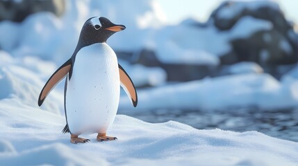 Obraz premium Cute Gentoo Penguin Standing on Snowy Landscape in Antarctica