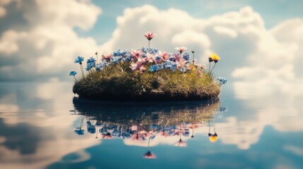 Obraz premium Vibrant Flower Island Surrounded by Calm Water Under Clear Blue Sky with Fluffy Clouds