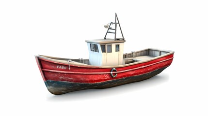 Fototapeta premium Rustic Red Fishing Boat on Calm Water with Bright Sky Background