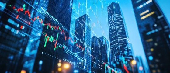 Financial district skyline with stock market data visualization overlay, highlighting trends in investment, technology, and urban finance dynamics at night.