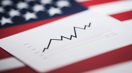Financial growth chart on paper with American flag background, representing investment trends, economic analysis, and stock market performance metrics.