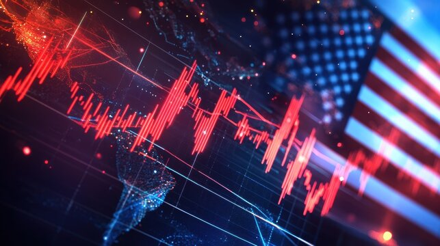 Financial data visualization, digital stock market trends with American flag backdrop. Chart analysis, investment strategies, and global economic indicators highlighted.
