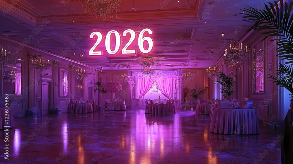 Poster elegant ballroom with floating 2026 text in soft velvet texture under sparkling chandeliers and pink