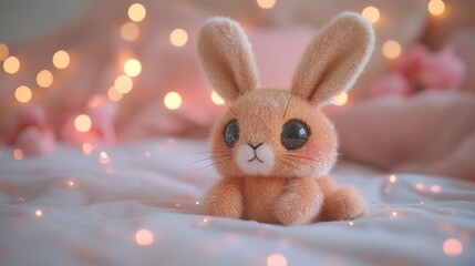 Plush bunny on bed, fairy lights, bedroom, cozy