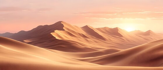 Naklejka premium A serene view of rolling sand dunes at sunset, showcasing soft waves of golden sand under a pastel sky. The landscape evokes a sense of tranquility and vastness.