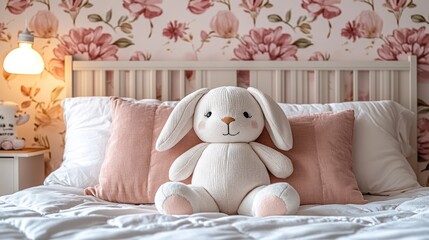 Plush bunny on bed, floral room, nursery decor