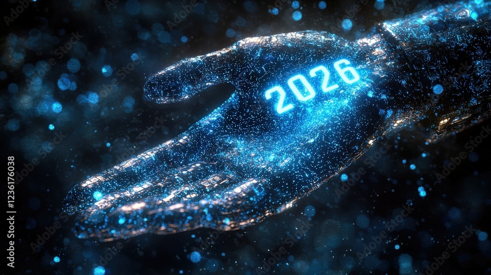 Aufkleber glowing holographic hand displaying digital number 2026 with sparkling particles and futuristic aest