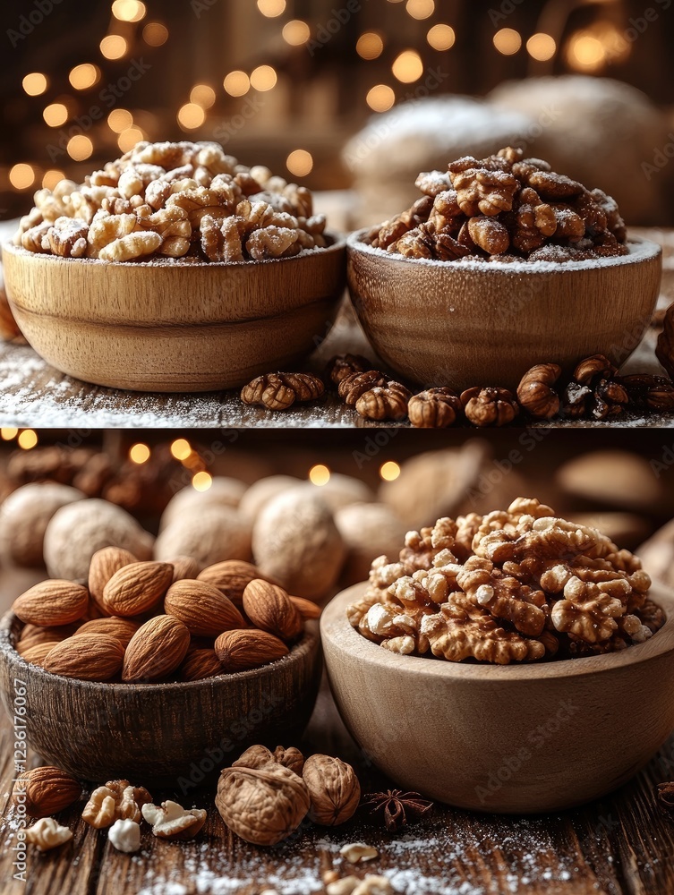 Poster assorted nuts in wooden bowls on a rustic table with festive lights in the background