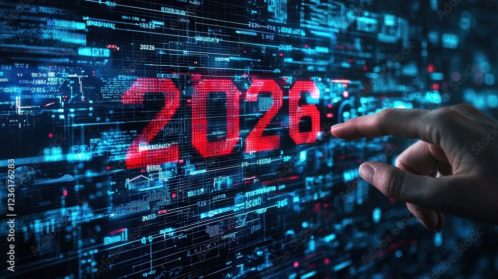 Poster futuristic digital interaction with holographic display showing year 2026