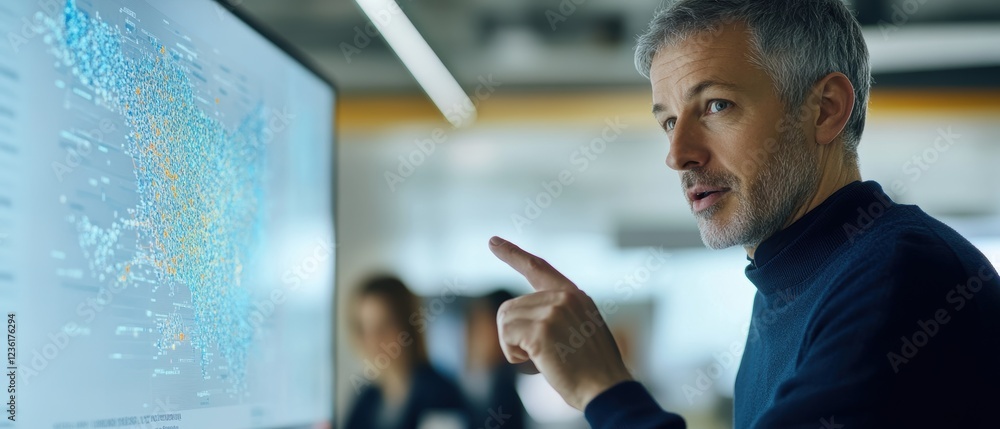 Poster business professional analyzing data on a digital screen during a presentation. insights and strateg