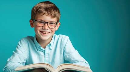 Smiling boy with glasses reading a book against a colorful background. Young student engaged in learning, education, literacy, and childhood development concepts.