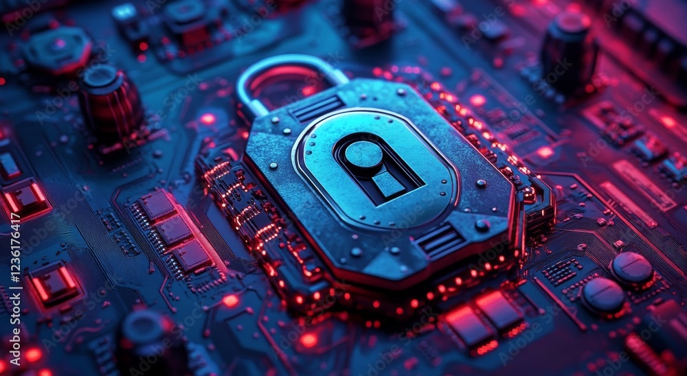 Poster a shield overlays a digital lock and network data, symbolizing robust security. intense light create