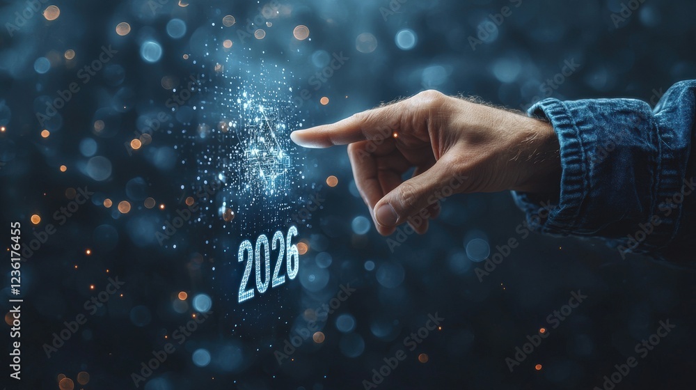 Aufkleber human hand touching floating holographic number 2026 in a digital space filled with shimmering parti