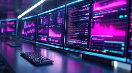 Futuristic Data Center with glowing screens displaying complex algorithms