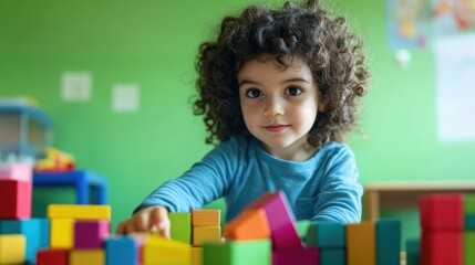 Child playing with colorful building blocks in a bright room focused on imaginative play and cognitive development. Early education and creativity concept.