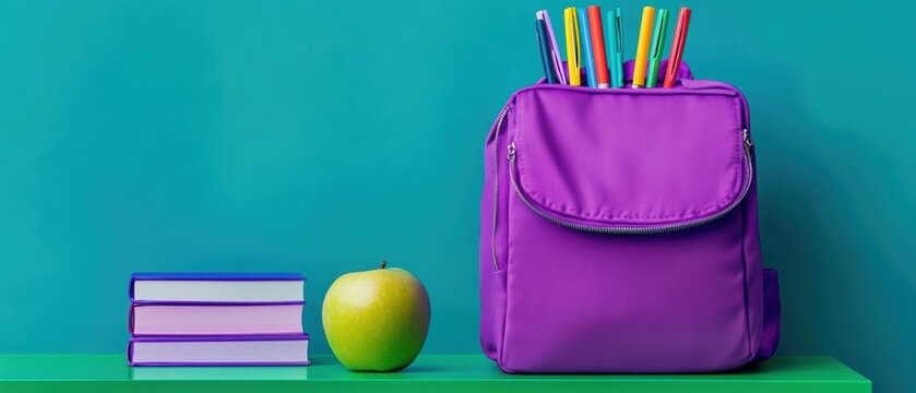 Backpack with colorful pens, green apple, and stacked books on a vibrant teal background, representing school supplies, education, and learning environment essentials.