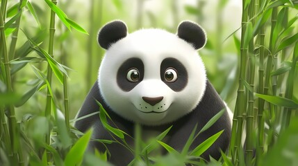 Cute Cartoon Panda in Lush Green Bamboo Forest Setting