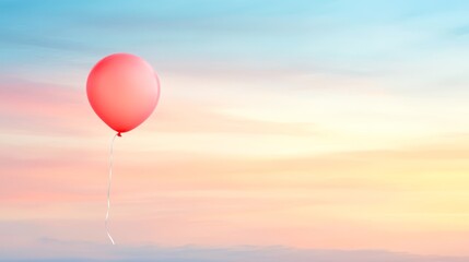 Fototapeta premium A single red balloon floats against a pastel sky, symbolizing celebration or freedom, Perfect for birthday themes, emotional moments, or design projects focused on happiness and whimsy,