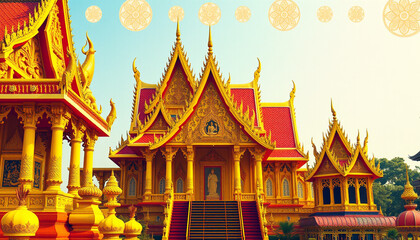Grand Thai temple with intricate golden roofs and detailed carvings, set against a clear sky, symbolizing traditional architecture and cultural heritage.