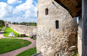 Walls and towers of the ancient medieval Izborsk fortress, Pskov region, Russia