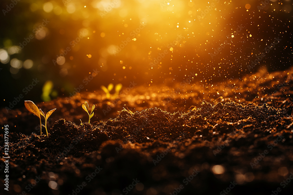 Aufkleber close-up view of new plant sprouts emerging from fertile soil, illuminated by soft golden light, sym