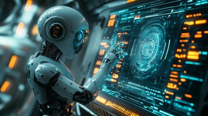 Fototapeta premium Advanced Robot Interacting with Futuristic Interface