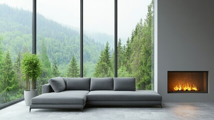 Fototapeta premium A Cozy Living Room With A Gray Sectional Sofa, A Modern Fireplace, And Floor-To-Ceiling Windows Offering A Stunning View Of A Lush Forest. The Overall Vibe Is Calm And Sophisticated.