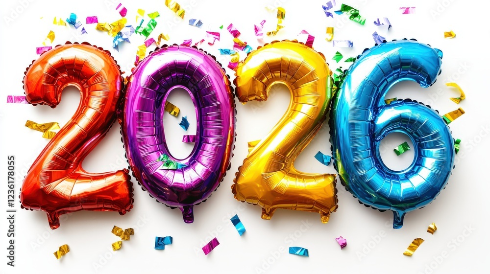 Poster Colorful Rainbow Foil Balloons in the Shape of Numbers Displaying the Year 2026 with Confetti Background