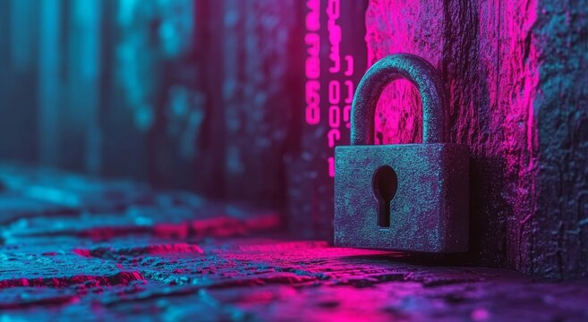 cybersecurity icon, digital padlock, red glowing symbol, binary code background, dark tech aesthetic, network protection, data encryption, futuristic security concept, neon red accents