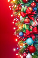 Fototapeta premium A vibrant festive arrangement featuring colorful ornaments, ribbons, and greenery against a red background, perfect for holiday-themed projects, cards, or seasonal marketing materials,