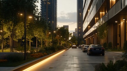 Urban evening scene with illuminated streets and modern architecture at twilight
