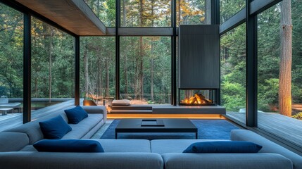 Fototapeta premium Modern Minimalist Home Nestled In A Lush Forest, Featuring Floor-To-Ceiling Windows And A Cozy Fireplace. The Scene Evokes Serenity And Tranquility.