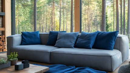 Fototapeta premium A Cozy Grey Sectional Sofa With Blue Cushions Sits In Front Of A Large Window Overlooking A Serene Forest. The Scene Is Peaceful And Inviting, Perfect For Relaxation.