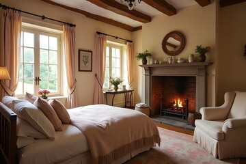 A romantic bedroom in a countryside cottage, with a fireplace, warm blankets, and delicate floral accents.