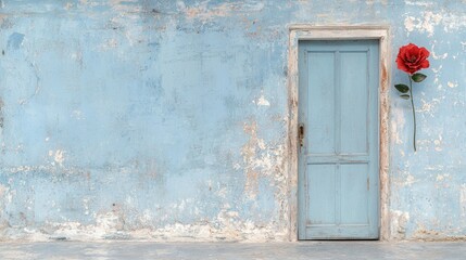 Blue wall, old door, red rose, urban decay, background texture